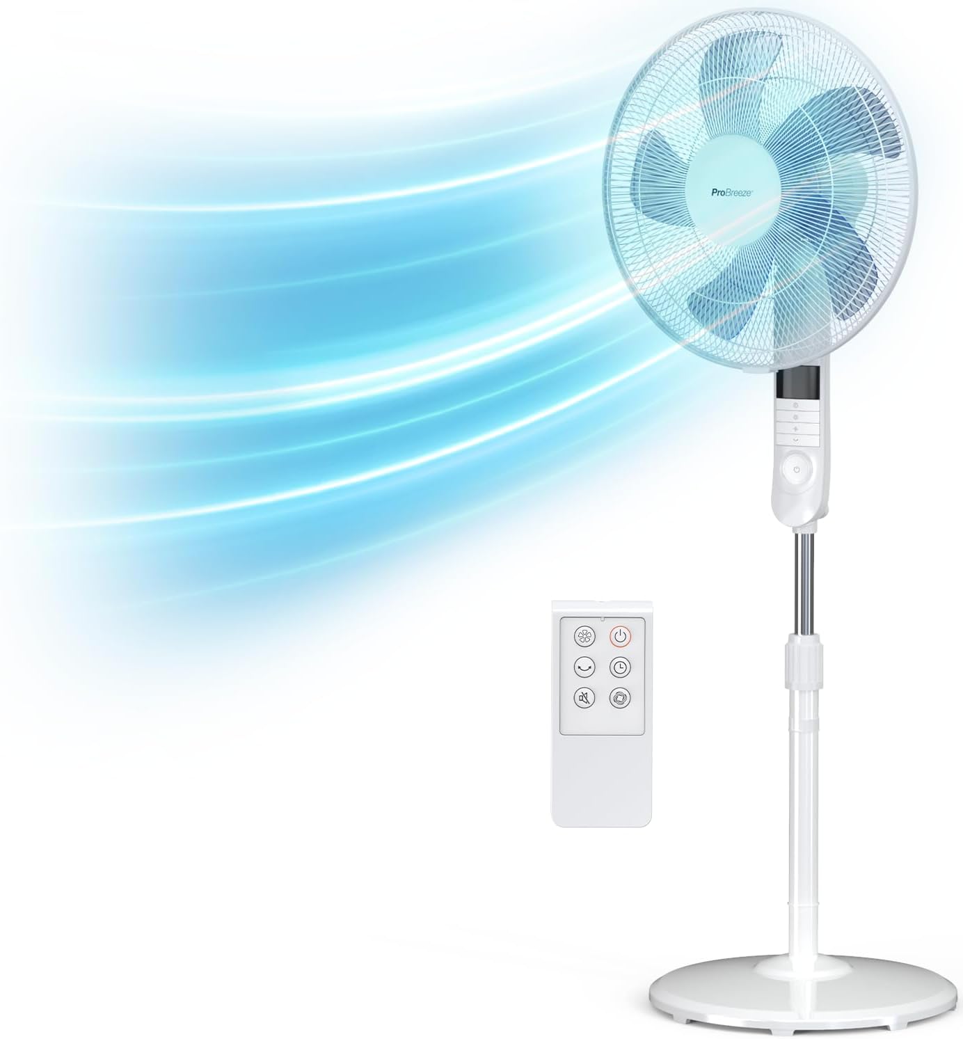 Pro Breeze® 16-Inch Pedestal Fan with Remote Control and LED Display, 4 Operational Modes, 80° Oscillation, Adjustable Height & Pivoting Fan Head, Perfect for Homes, Offices and Bedrooms - White.