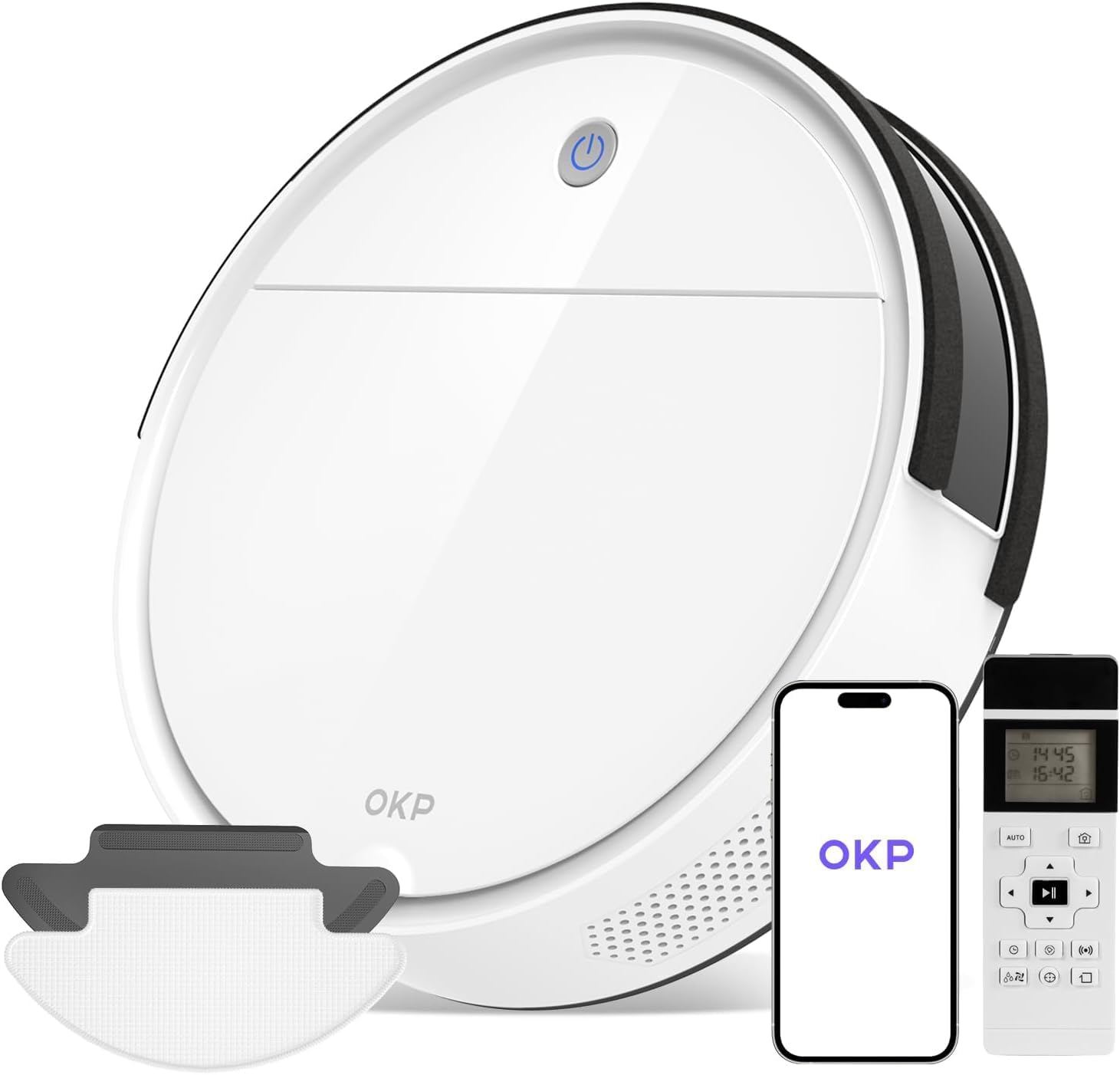 OKP Robot Vacuum Cleaner, 3000Pa Suction Robotic Vacuums, Tangle-Free, 150 Mins Runtime, Precise Obstacle Detection, Smart Self Charging Vacuum Robot, Ideal for Pet Hair/Hard Floor/Low Pile Carpet.