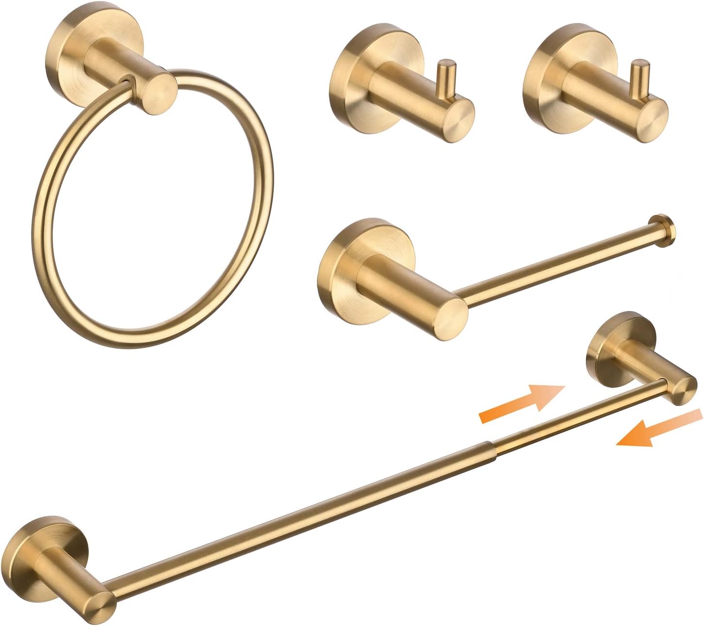 Bathroom Hardware Accessories Set 5-Piece - Adjustable 33-60CM Towel Rail Toilet Roll Holder Towel Ring 2Pcs Towel Hooks - Brushed Gold Wall Mounted SHUNLI.