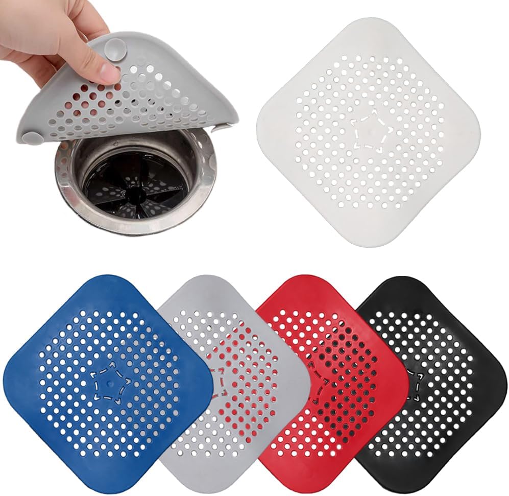 TRKETK Drain Protectors, 5 Pcs Silicone Silicone Strainer Protector with Sucker, Foldable Shower Drain Hair Catcher, Bath Drain Cover Filter, Gray, White, Blue, Black, Red.