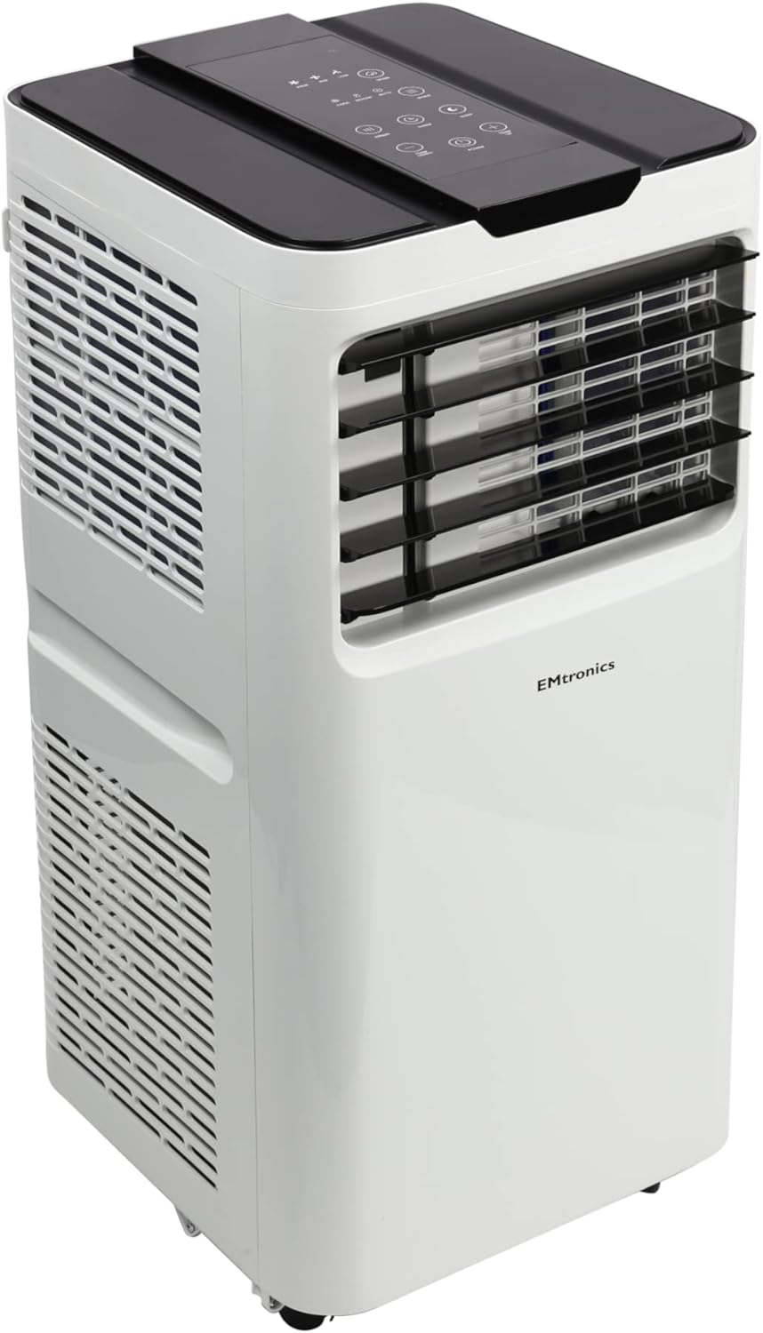 EMtronics EMAC12KW 12,000BTU Portable Air Conditioner, Dehumidifier and Cooling Fan with Remote Control, 24 Hour Timer and Air Con Window Vent Kit - White.