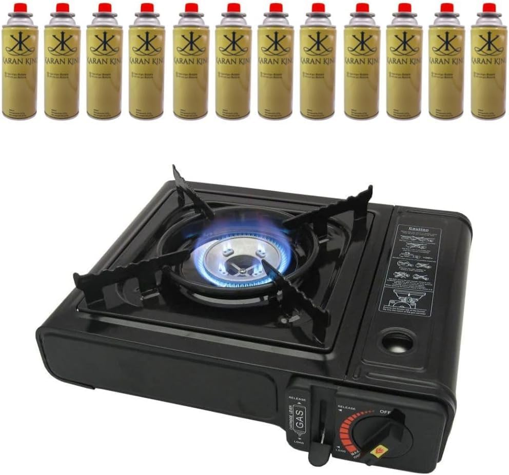 ASMGOLD Portable Gas Stove with Carry Case-For Outdoor Camping, Fishing and BBQ-Automatic Ignition System, Heat Control, Enamel Pan Support, Butane Can or LPG Gas Source-Black (Stove + 4 Butane Gas).