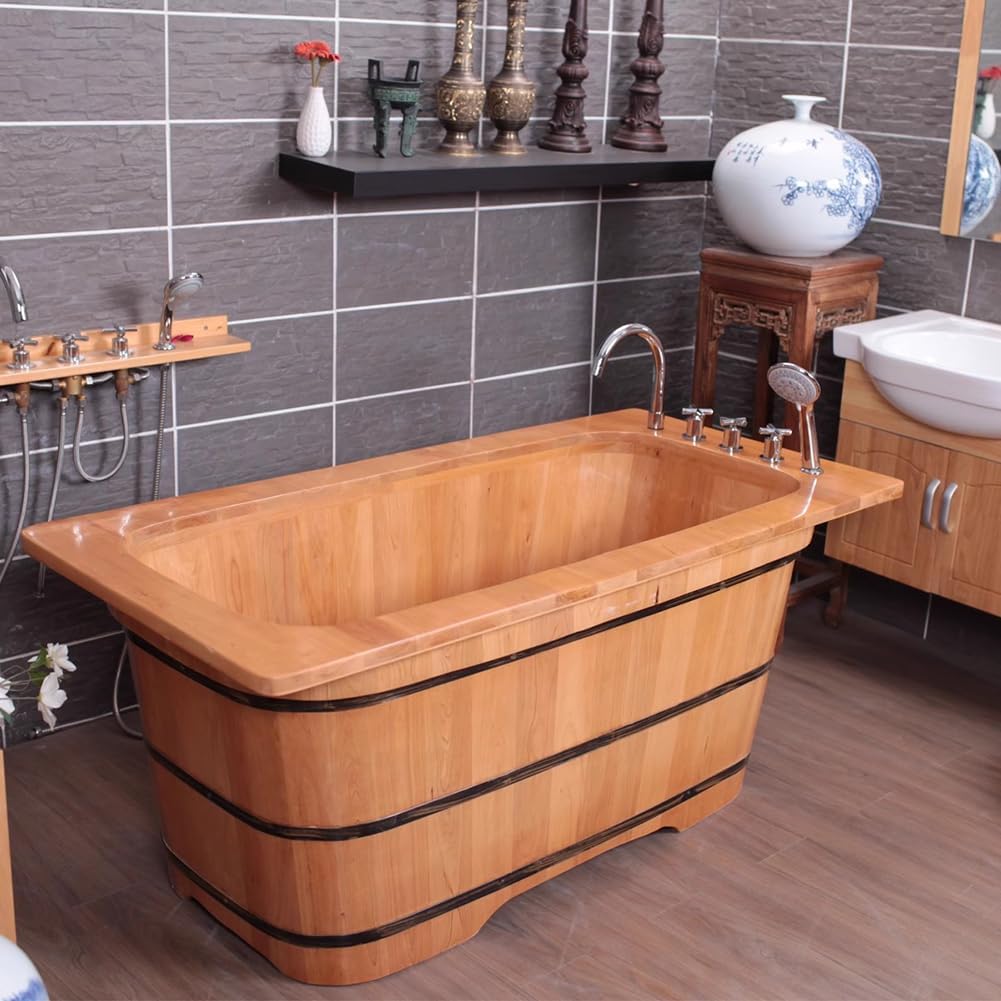 MegLob Freestading Solid Wood Bathtub, Indoor Bathroom Deep Soaking Tub with Pop-Up Drain And Bathtub Faucet Set, Classic Wooden Contemporary Soaking Bathtub, Long-Term Insulation,140cm/55.19in.