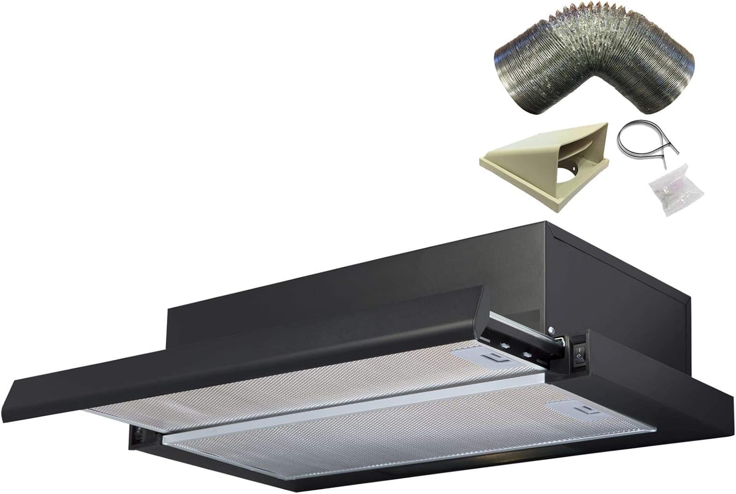 SIA TSH60BL 60cm Black Telescopic Integrated Cooker Hood Kitchen Extractor Fan & 1m Flexible Ducting Vent Kit.