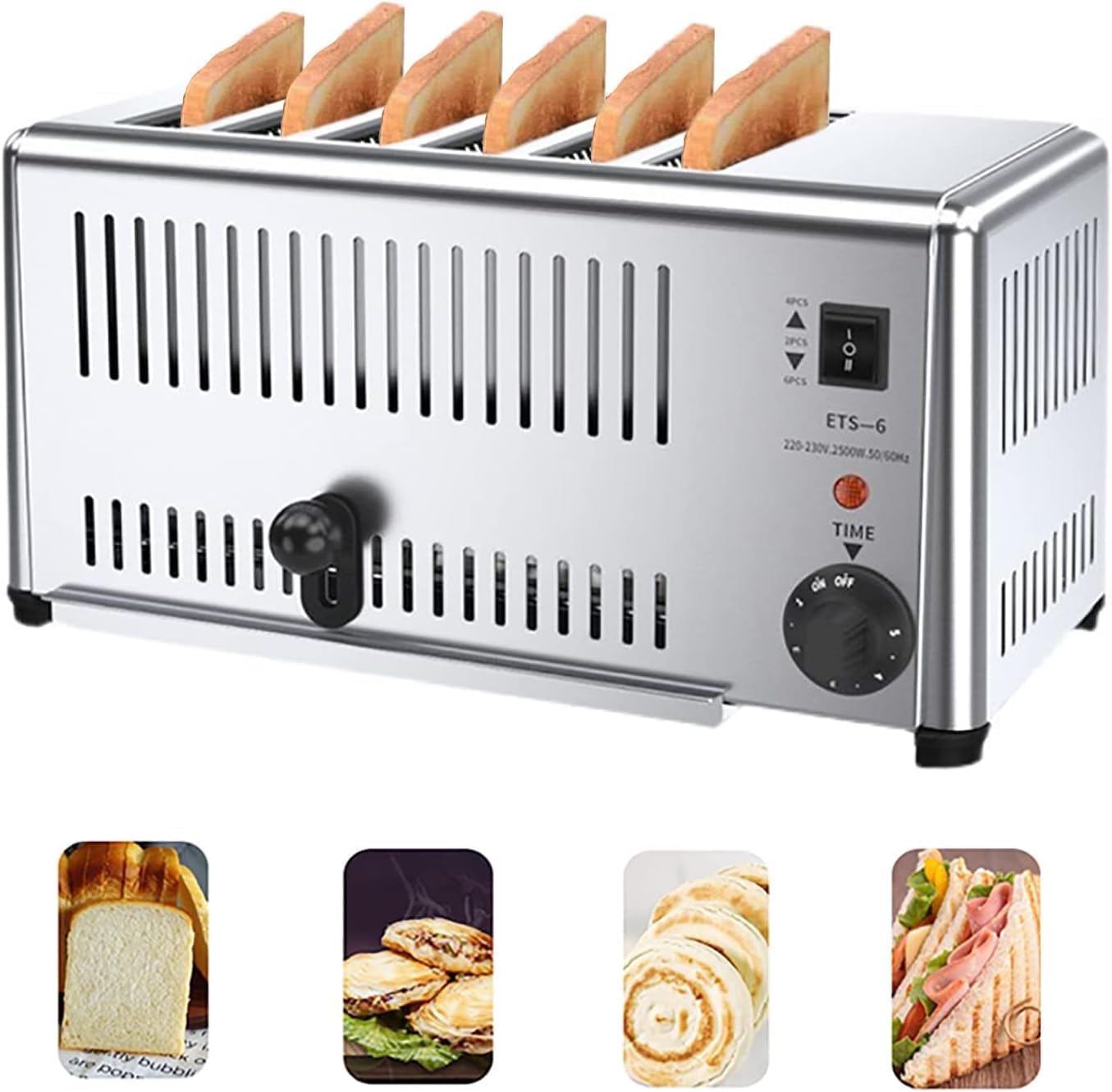 6 Slice Toaster Commercial Stainless Steel Toaster, Hand Pop-Up Toasters, Extra Wide Slots, Hamburger Bun Toaster Removable Crumb Tray Five Speed Adjustable Toaster.