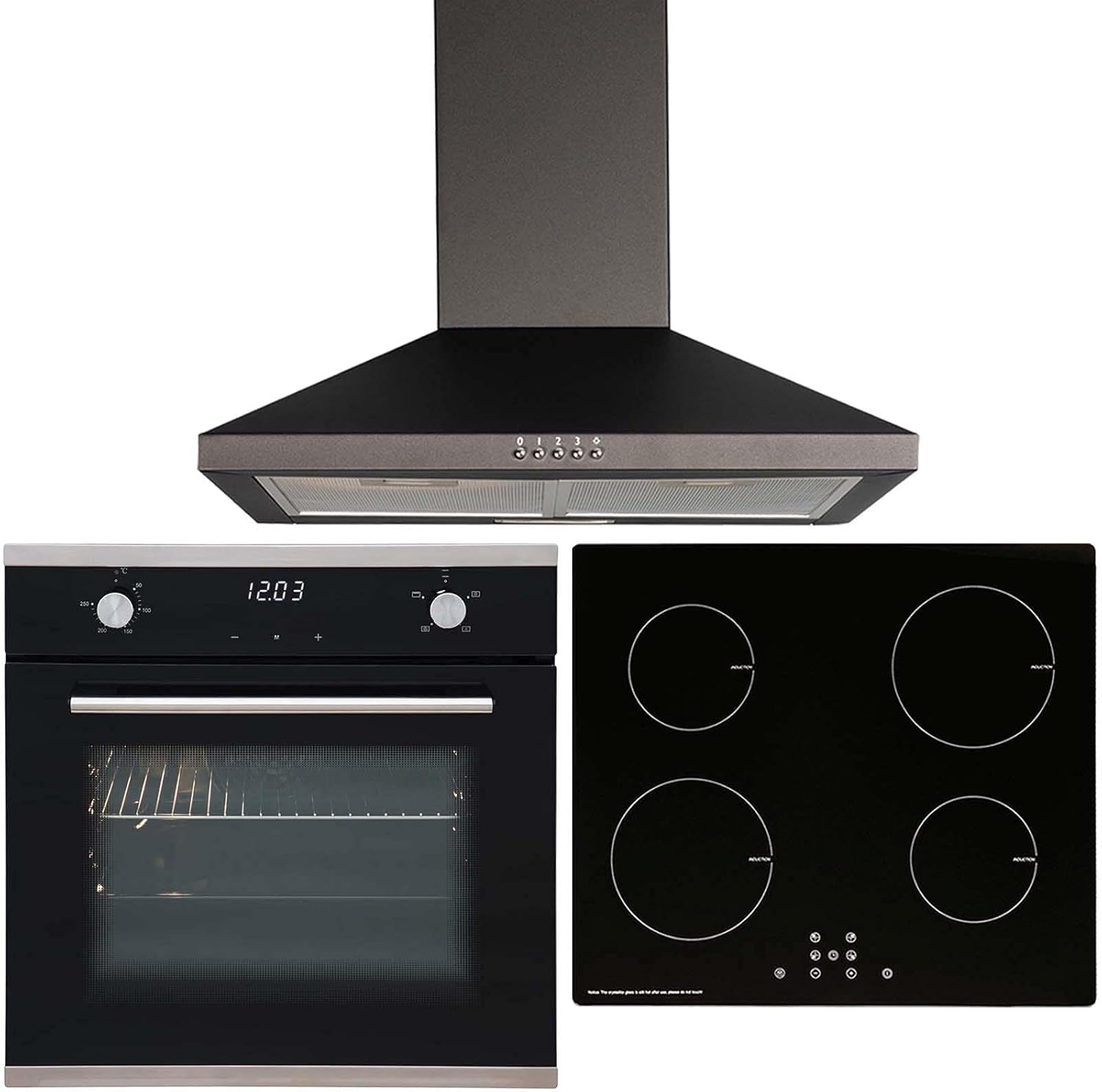 SIA 60cm Single Electric Fan Oven, ECO 13 Amp 4 Zone Induction Hob & Cooker Hood.