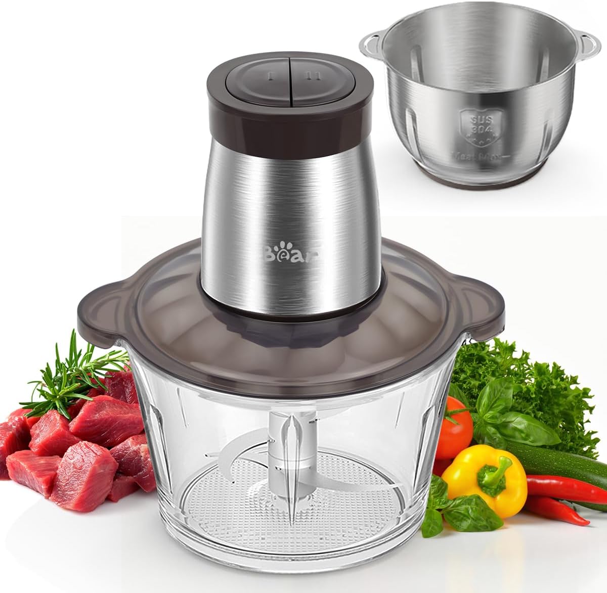 Bear 2L+1.8L 600W Electric Food Processors & Chopper with Glass Container and 304 Stainless Steel Container, 2 Speed Settings, 4 Stainless Steel Blades for Chopping Meat, Baby Food, Fruit, Vegetables.