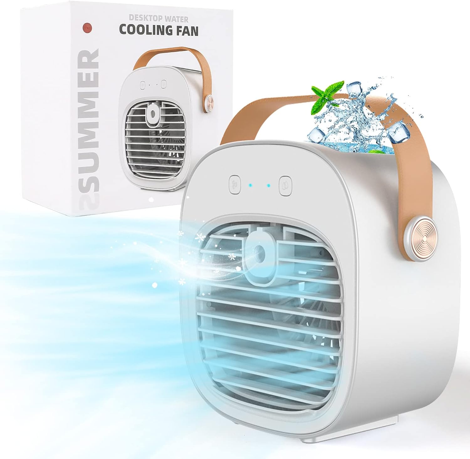 Portable Air Cooler, Mini Personal Air Conditioner, 2 in 1 Small Evaporative Coolers with Handle/Humidifier/ 3 Speeds Desktop Ice Cube Cooling Fan for Travel, Office and Bedroom.