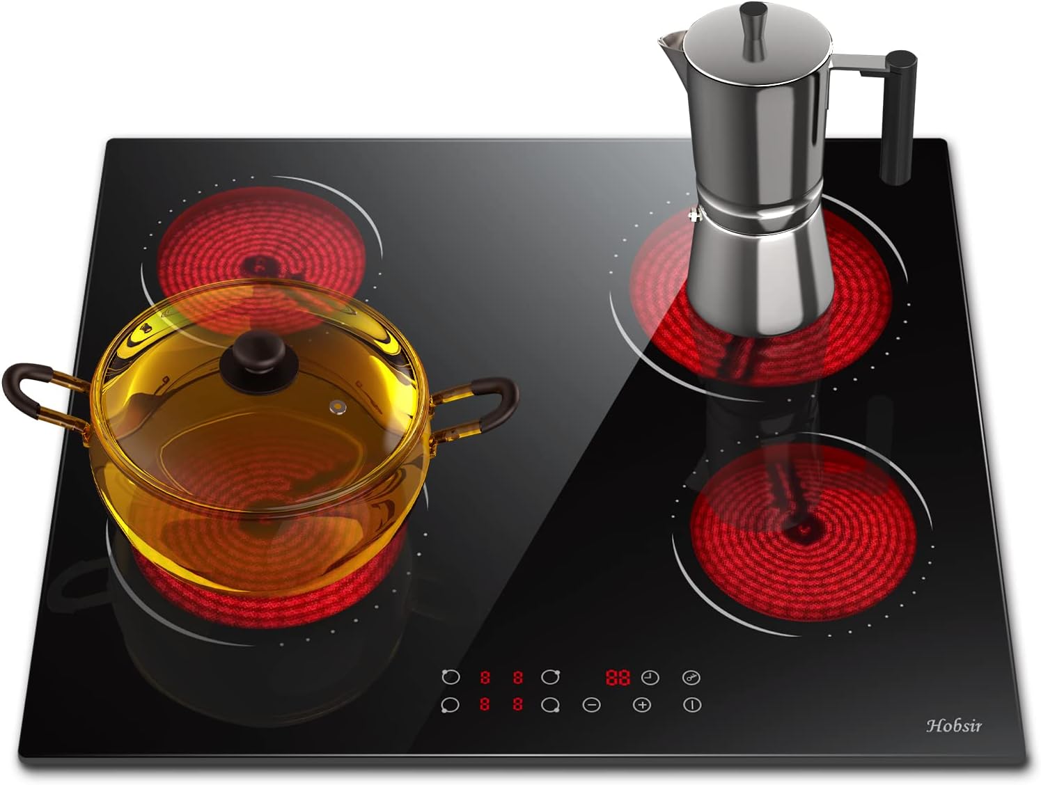 Hobsir hob Ceramic Hob 60 cm Electric Hob 4 Zone with Touch Control 6000W 9 Power Levels Safety Lock Auto switch off safety Residual heat indicator Hard Wire, No Plug Included.