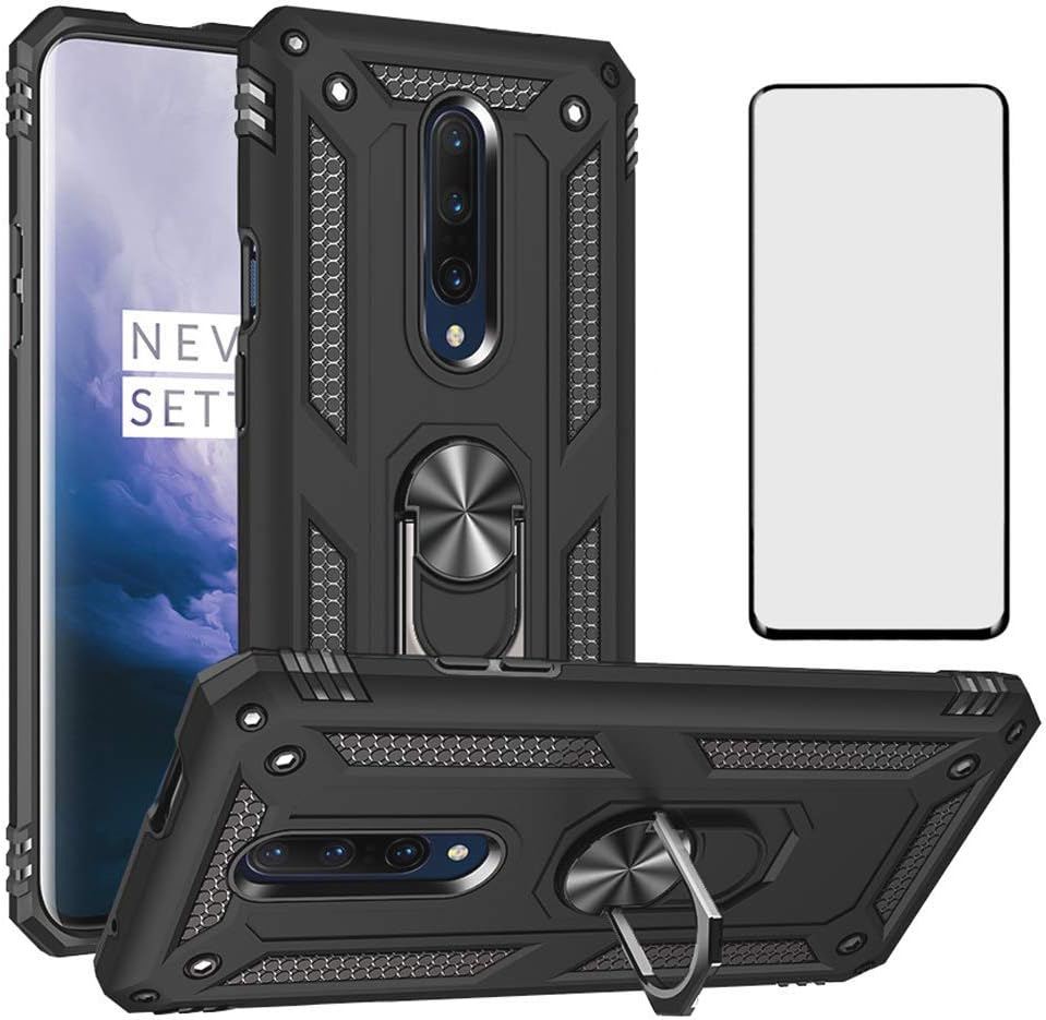 Phone Case for Oneplus 7 Pro with Tempered Glass Screen Protector Cover and Stand Ring Holder Hard Shockproof Heavy Duty Accessories Oneplus7Pro One Plus 1+7 plus7pro 1 1Plus Oneplus7 7Pro + 1+7 Blue