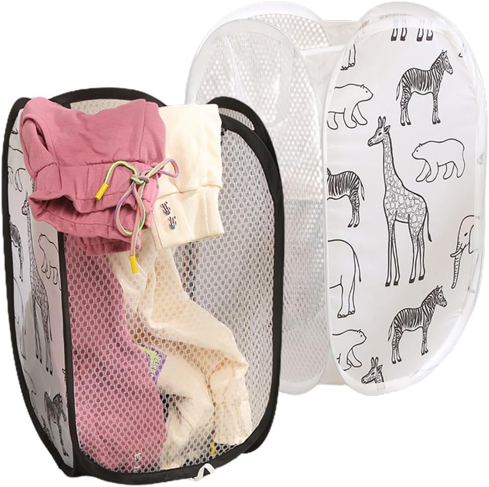 LabDip Giraffe Laundry Basket, 2 pcs Pack Folding Laundry Hamper Pop Up, Storage Basket,Portable Mesh Washing Laundry Bag,Round Clothes Storage Basket for Bedroom and Bathroom College Dorm or Travel.