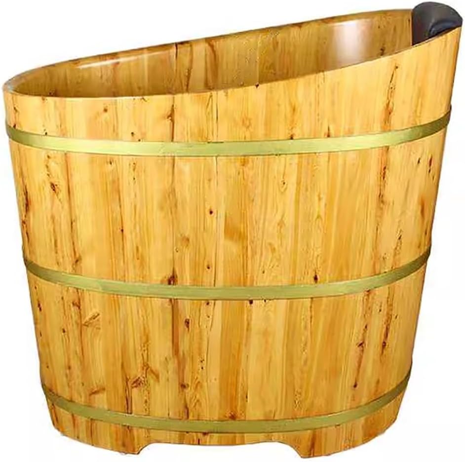 MegLob Compact Freestanding Wooden Bathtub, Small Mobile Solid Wood Soaking SPA Stand Alone Bathtubs, Classic Oval Shape Free Standing Deep Soaking Tub, Janpanese Soaking Tub with Tub Stool,Light.