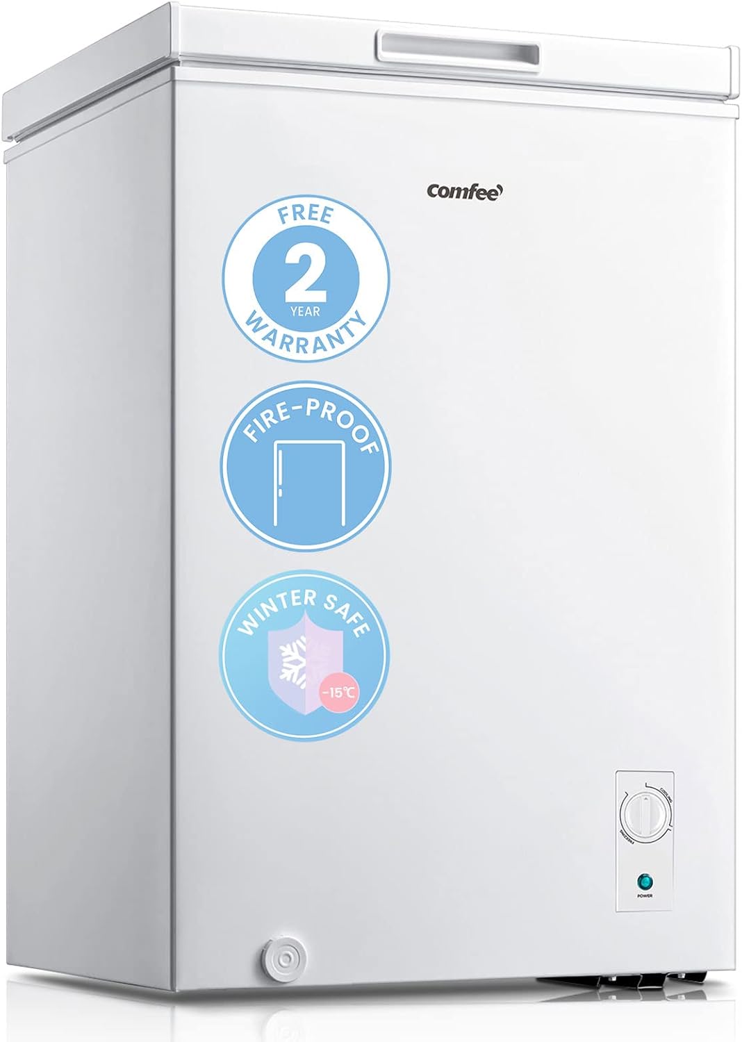 COMFEE' RCC100WH2(E) 99L Freestanding Chest Freezer with Digital Temperature Control, 4 Star Freezer Rating, Suitable for Outbuildings, Garages and Sheds,White.