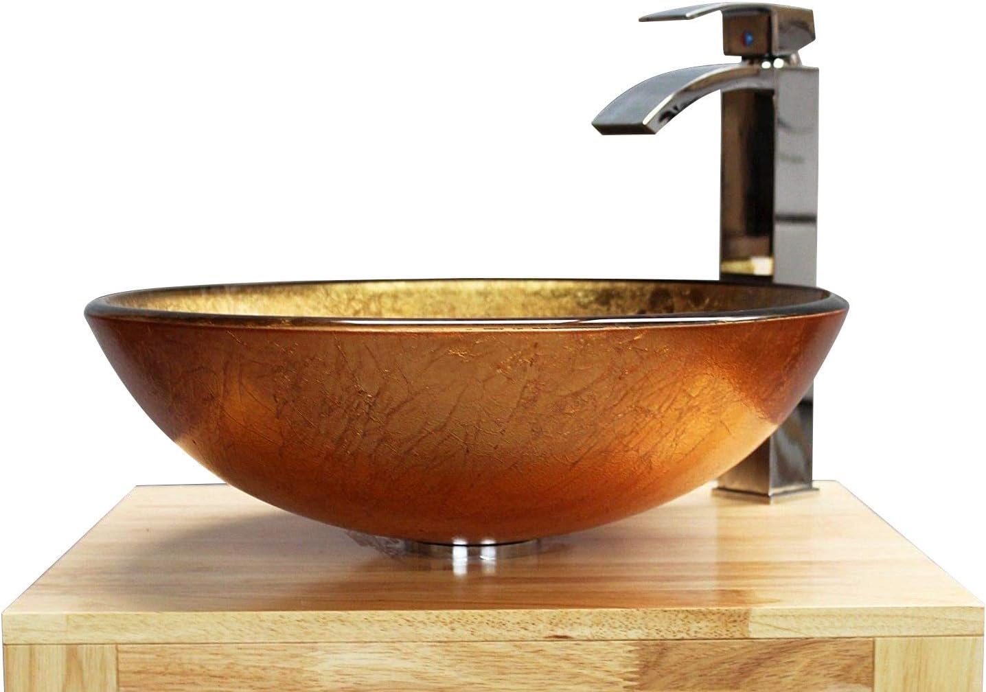 Home Supplies – Modern Tempered Gold Glass Round Vessel Sink Bowl Bathroom, Cloakroom Basin Sink for Countertop, Vanity Cabinet and Hotel Lavatory | 42x14x42cm (WxHxL).