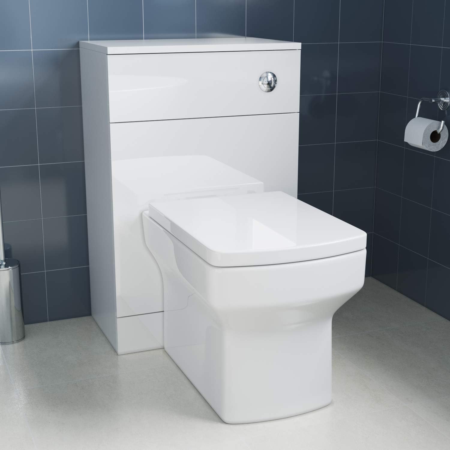 ELEGANT High Gloss White 2 Pieces Ceramic Toilet Suits, 300mm Square Shaped Close Coupled Toilet + Concealed Cistern WC Unit Bathroom Furniture.