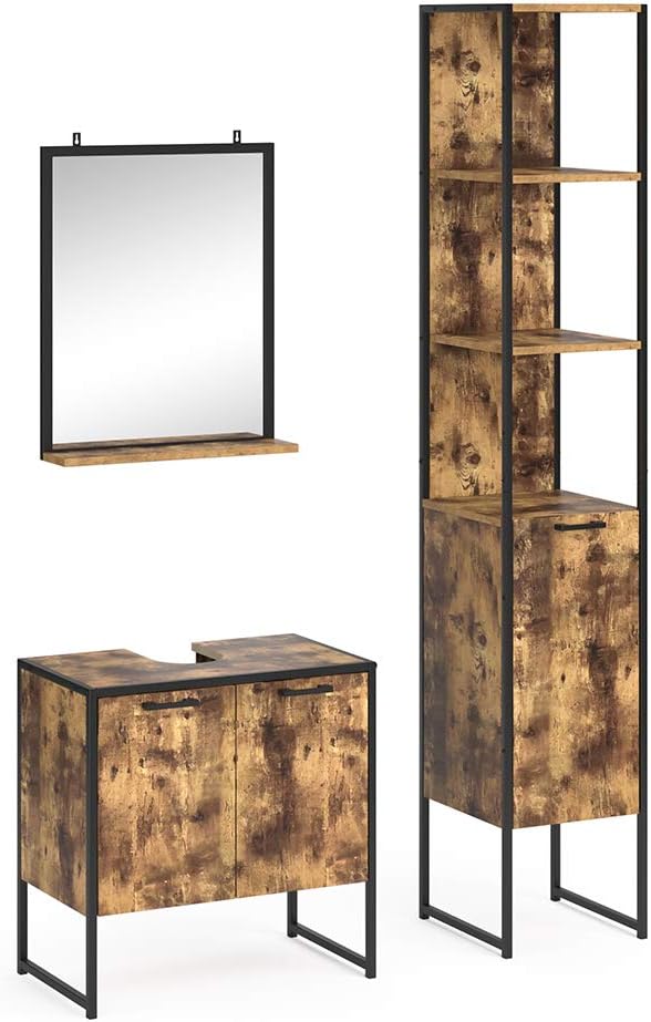 Vicco Bathroom furniture set Fyrk, Rustic oak/Black, 3 parts, with tall unit.