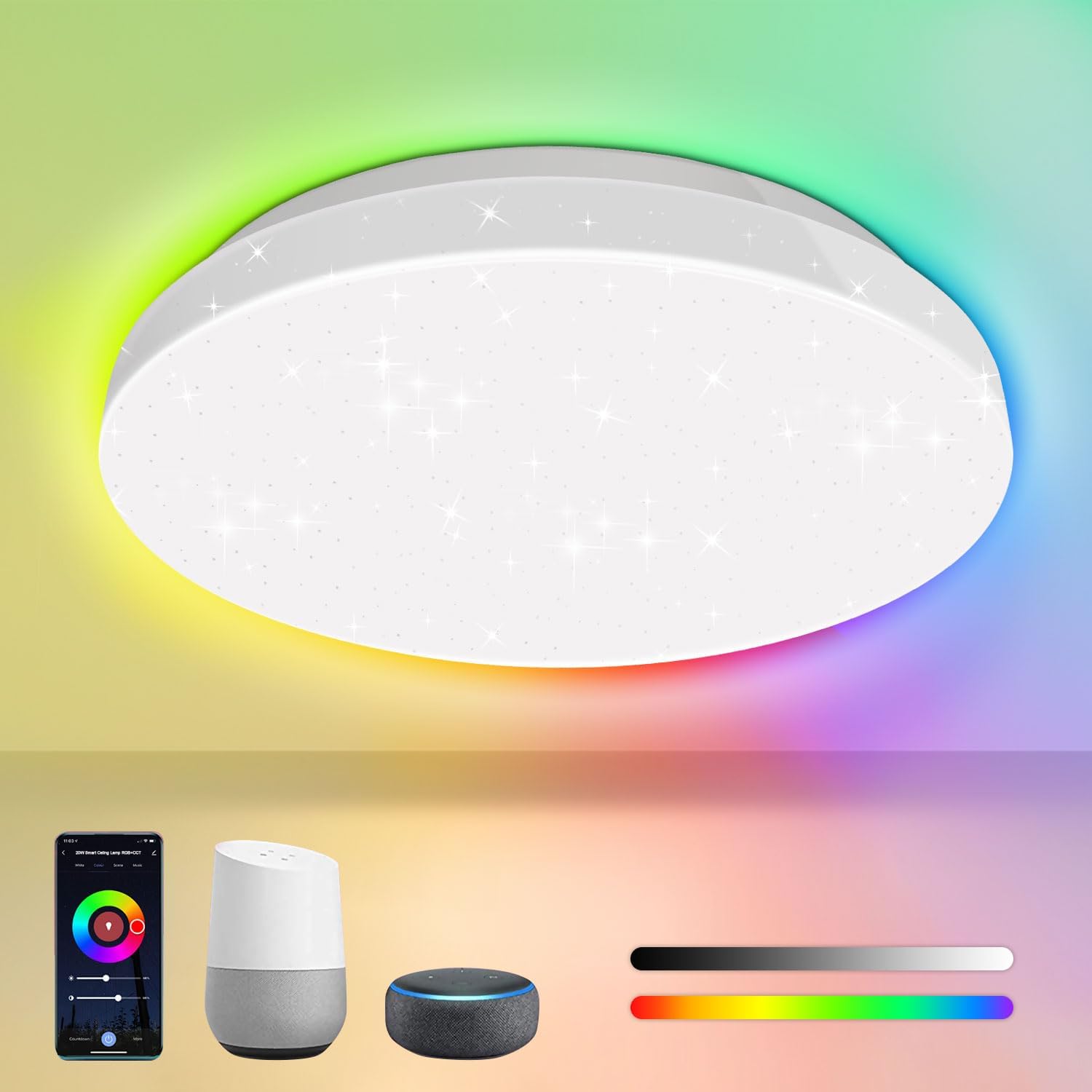 EXTRASTAR 20W LED WiFi Smart Ceiling Light, 2000lm WiFi Dimmable RGB Ceiling Light Voice Control Dimmable Multicolor Round Ceiling Lights Support for Alexa Google and Alexa.