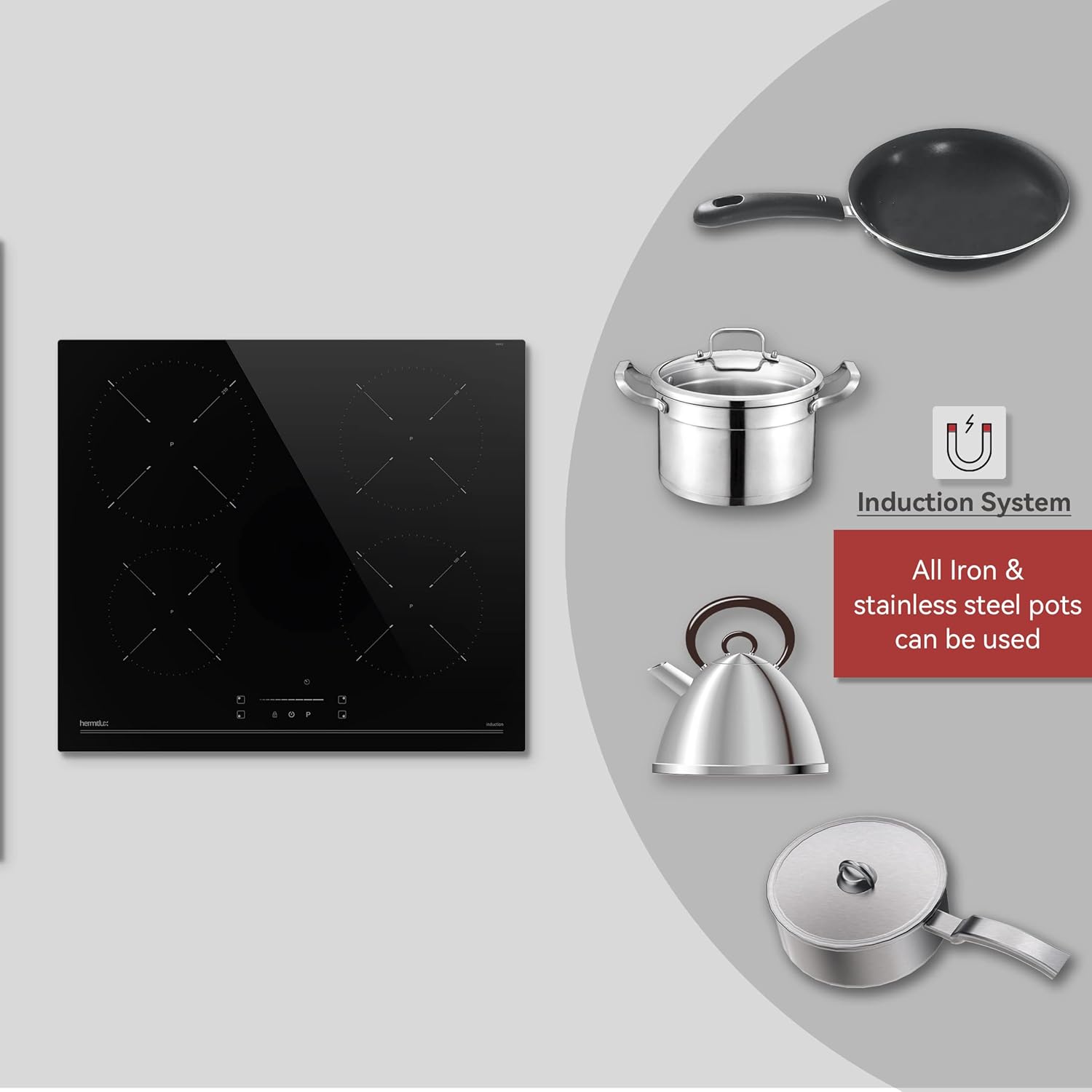 Hermitlux Induction Hob, 4 Zones Electric Hob 60cm with Touch Controls, Timer, Child Lock, Boost, No Plug Included.