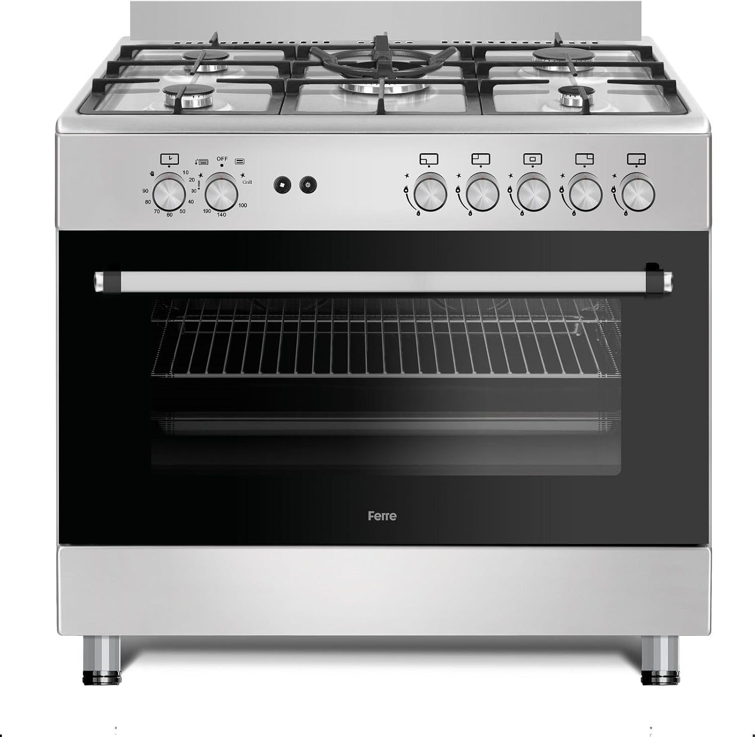 Ferre F9S50GF-X3-IN 90cm Gas Range Cooker With Double Turbo Fan & Wok Burner - Stainless Steel.