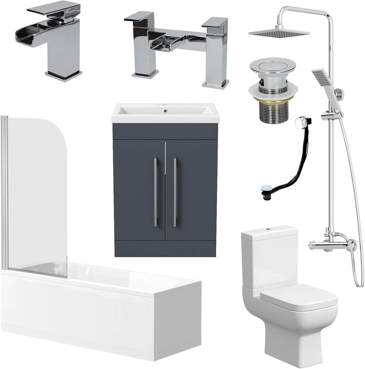 Affine Complete Bathroom Suite 1700 Bath Screen WC Toilet Vanity Basin Taps Shower Grey.