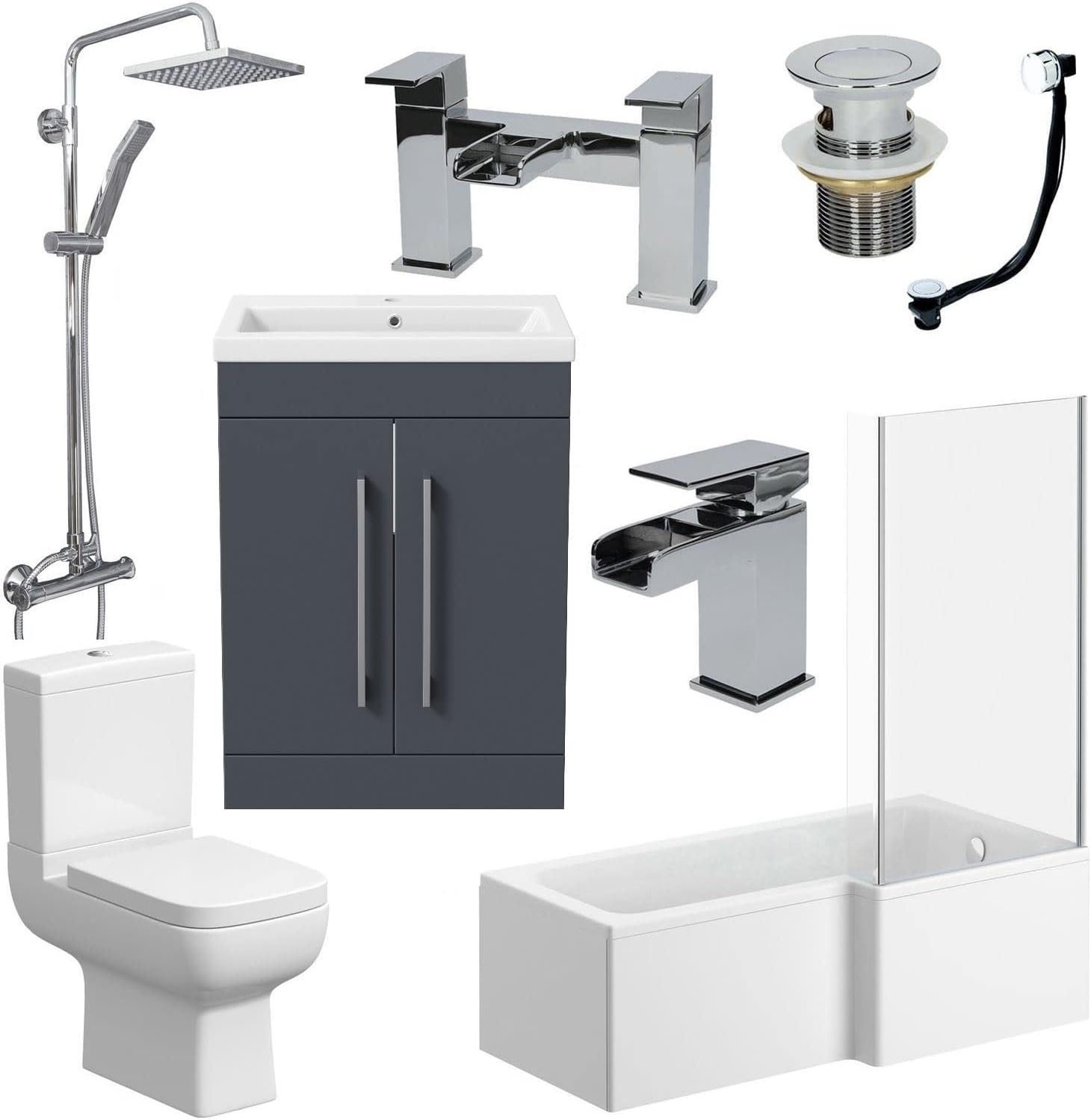 Plumbworld Complete Bathroom Suite with L Shaped Bath and Grey Vanity Unit - Right Hand.