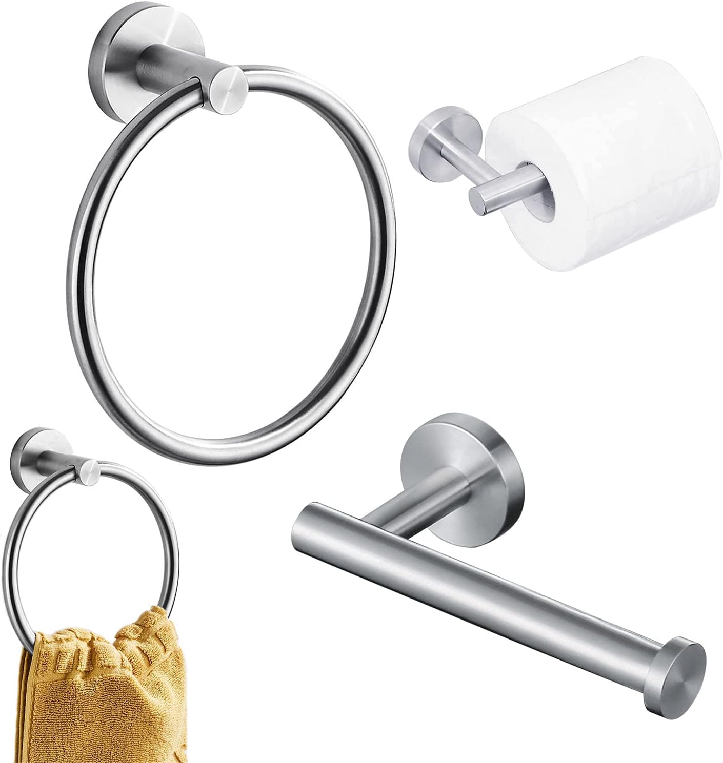 QISF Towel Ring and Toilet Roll Holder Bathroom Accessories Set, Stainless Steel Brushed Finish Wall Mounted, Towel Rail Towel Holder Hook Toilet Paper Holder (Silver).