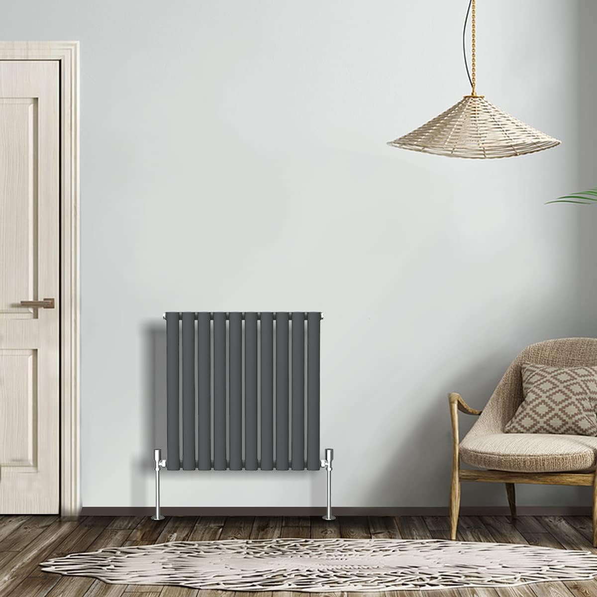 NRG Modern Radiator Black 600x590mm Single Oval Panel Heater Interior Designer Horizontal Bathroom Radiators.