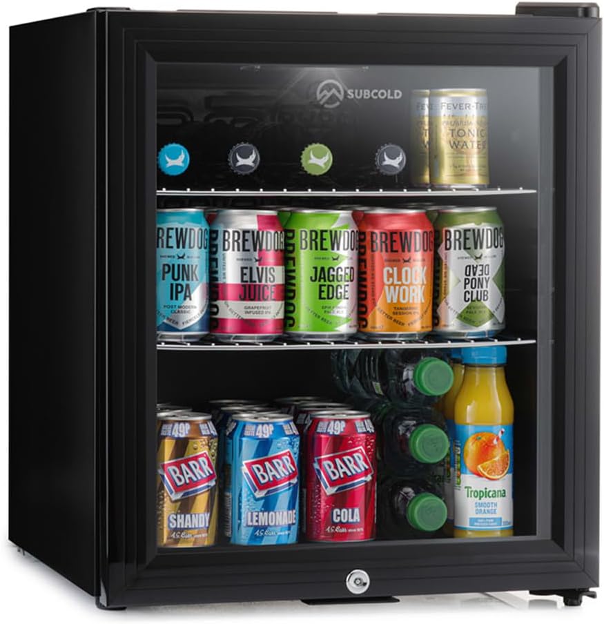 Subcold Super50 LED – Mini Fridge Black | 50L Beer, Wine & Drinks Fridge | LED Light + Lock & Key | Energy Efficient (Black).