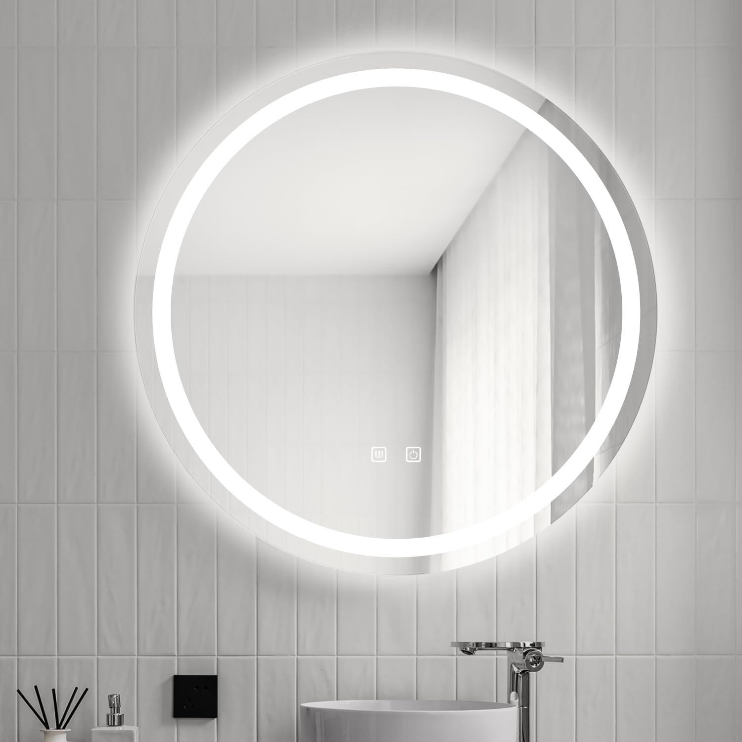 Hibtn Bathroom Round Mirror with LED Lights, 600MM Wall Mounted Vanity Mirror with Demister Anti-fog, 3 Colors and Memory Dimmable Touch Switch, Horizontal/Vertical, Illuminated Backlit Mirror.