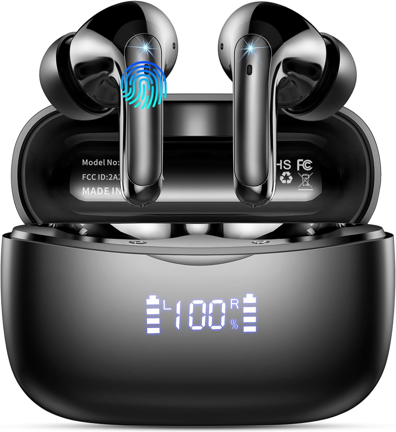 Wireless Earbuds, Bluetooth 5.3 Headphones In Ear with 4 HD microphone, 56H Playtime, HIFI Stereo In Ear Earphones, IPX7 Waterproof Bluetooth Earbuds, LED Display, USB-C, Sport/Work/Leisure/Black.