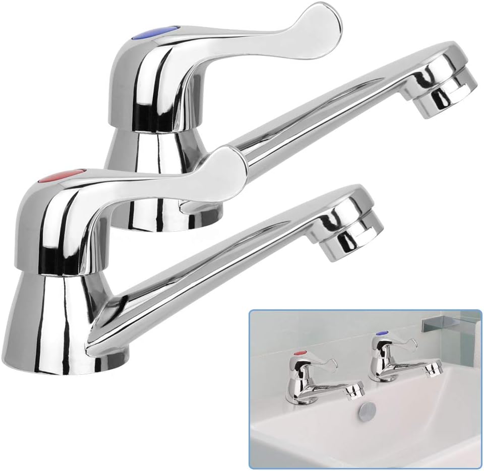 DECARETA 2pcs Bathroom Sink Taps Chrome Plated Copper Body Kitchen Tap Single Lever Basin Taps Hot and Cold Water Kitchen Faucets Water Saving Basin Pillar Taps Single Handle One Hole Twin Taps.