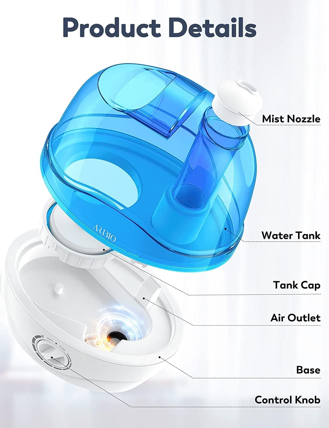 ARIBIO Humidifiers, 2.2L Humidifier for Bedroom Baby Room, Air with 10H Continuous Use & Auto-Off, Humidifiers Quiet Operation 360° Rotation Nozzle, Wide Mouth, Office/Home, Blue and White.