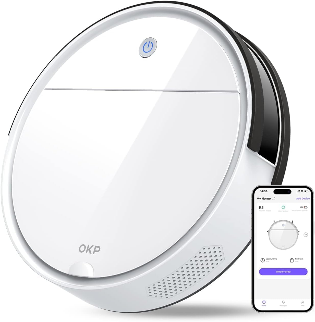 OKP 2500Pa Robot Vacuum Cleaner, Strong Suction, 120 Mins Runtime, Tangle-Free, Precise Obstacle Detection, Smart Self Charging Robotic Vacuums, Ideal for Pet Hair.