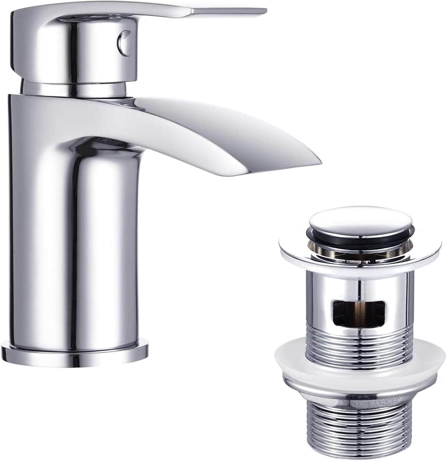 Funime Basin Taps Mixer Waterfall Bathroom Sink Tap Mixers Mono Chrome with Pop up Waste Brass Single Hole Monobloc with Hoses G1/2'' Modern Round.