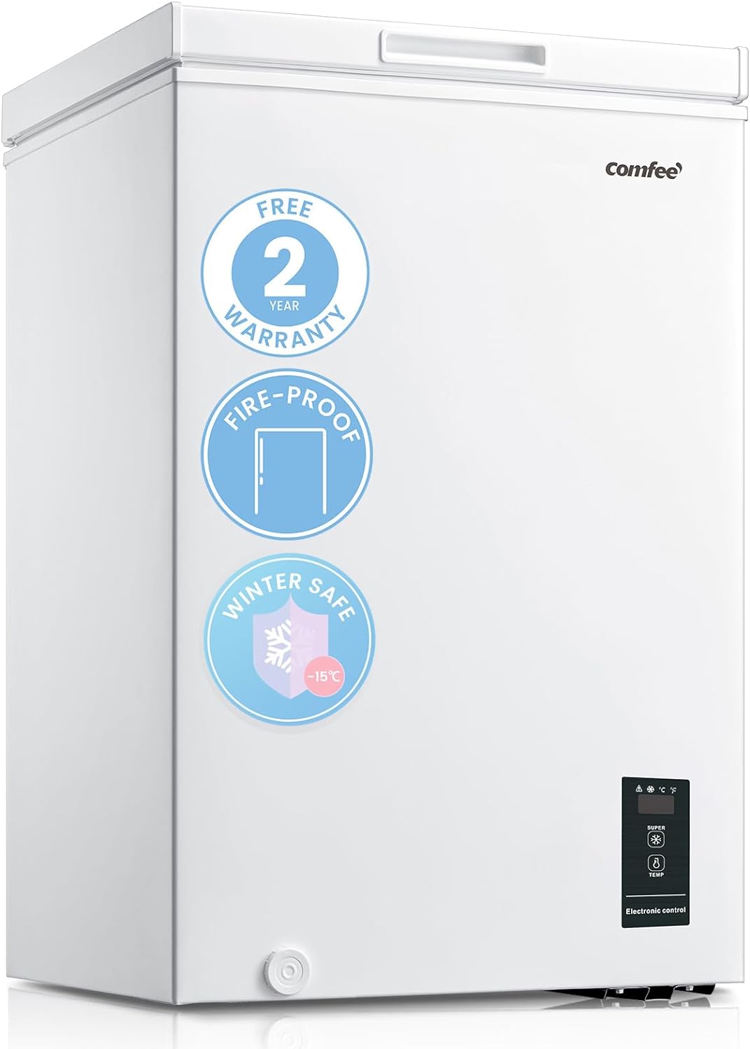 COMFEE' RCC100WH2(E) 99L Freestanding Chest Freezer with Digital Temperature Control, 4 Star Freezer Rating, Suitable for Outbuildings, Garages and Sheds,White.