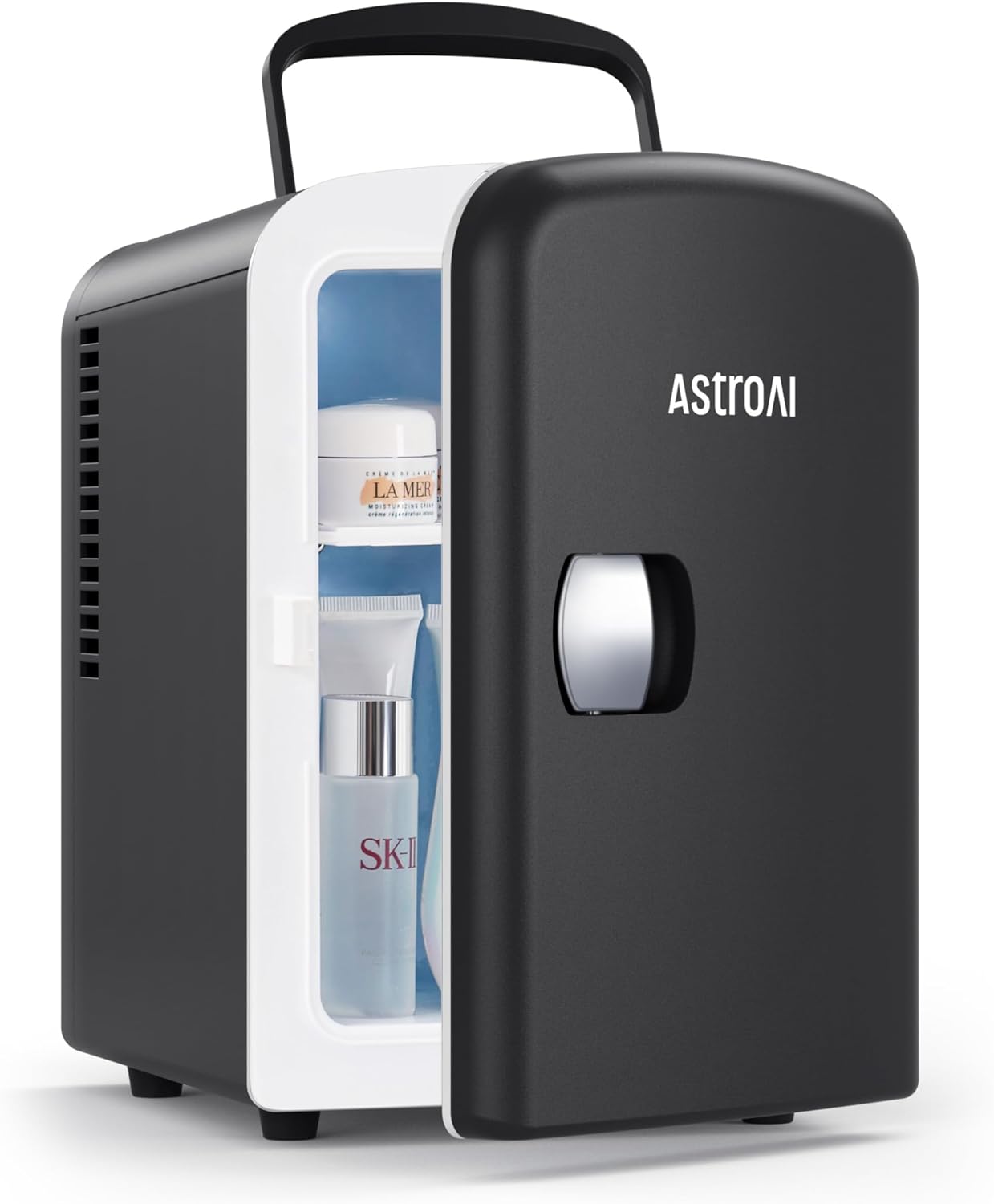 AstroAI Mini Fridge 4 Litre, 6 Can Portable AC+DC Power Cooler, for Bedrooms, Cars, Offices; Skincare, Makeup, Cosmetics, Food (Black).