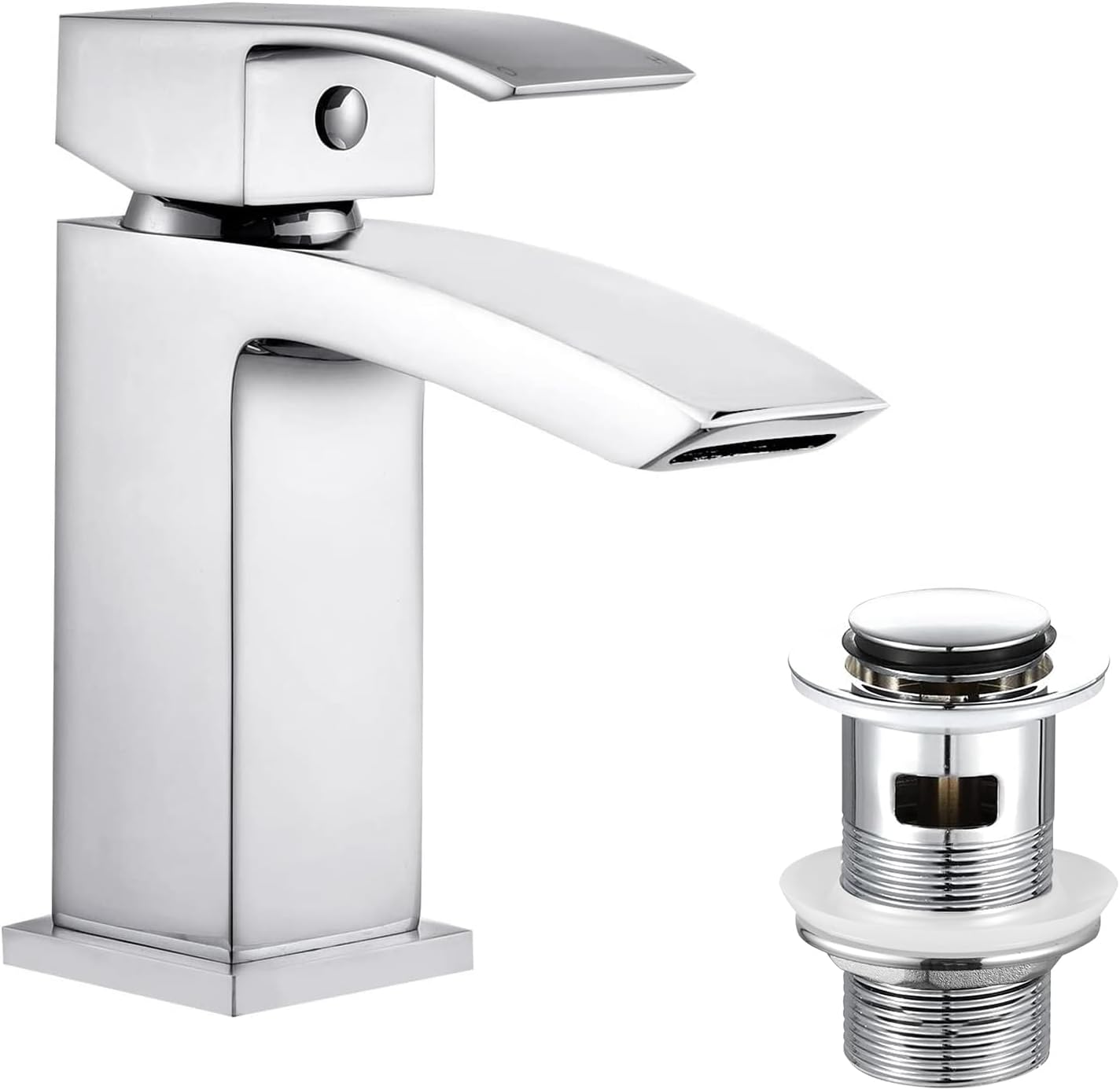 Hapilife Basin Taps Waterfall with Pop up Waste Square Bathroom Sink Mixer Taps with UK Standard Hoses.