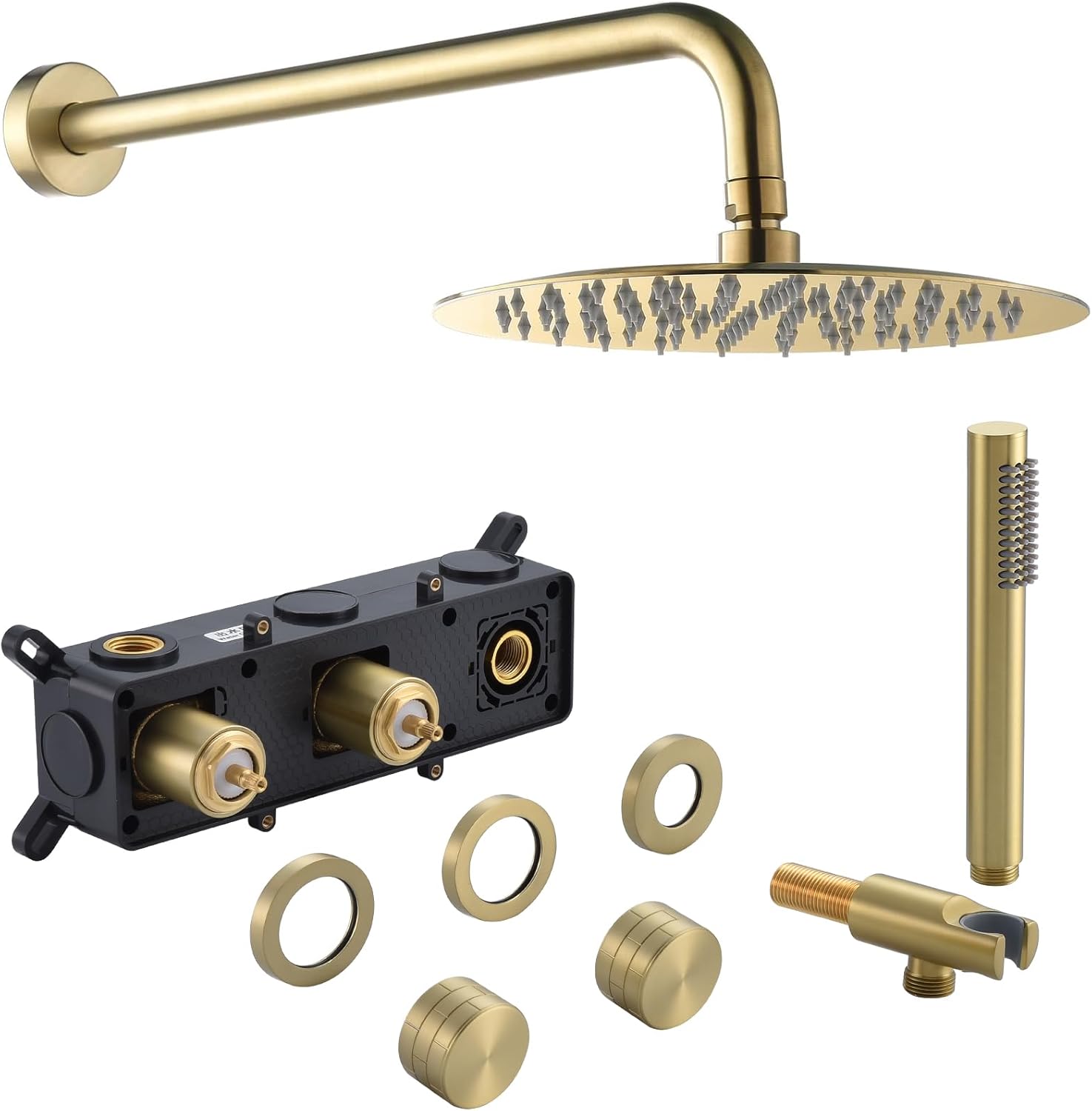 Luxury Round Bathroom Concealed Brass Shower System Kit,12 Inch Rain Shower System Set with Handheld Shower Head and Shower Mixer Valve,2 Functions Brushed Gold.