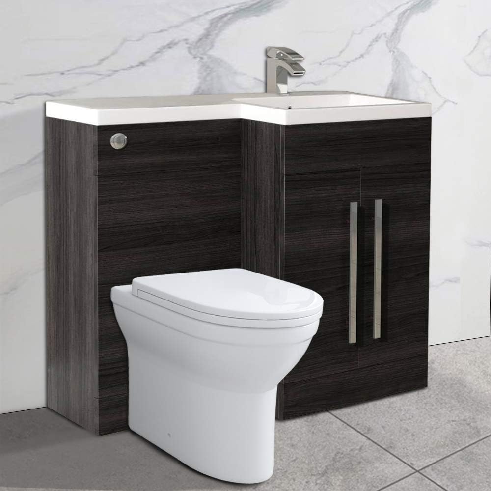 NRG Grey Right Hand Bathroom Furniture Cabinets Combination Vanity Sink Unit Set with Toilet.