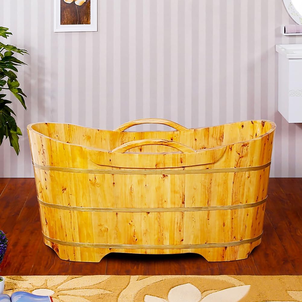 MegLob Freestanding Wooden Bathtub with Tub Chair, Cedar Solid Wood Deep Soaking Tub Lit, Oriental Style Wooden Soaker Stand Alone with Armrest, Pop-Up Drain Valve And Drain Hose,160cm/62.99".