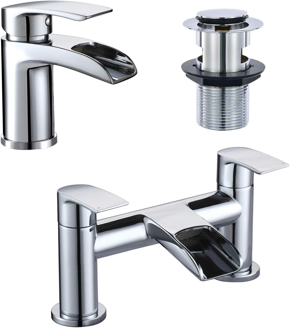 [Basin Tap and Bath Tap] Hapilife Waterfall Bathroom Sink Mixer Tap and Tub Filler Tap Chrome with Pop Up Waste, Monobloc Bathroom Taps Set.