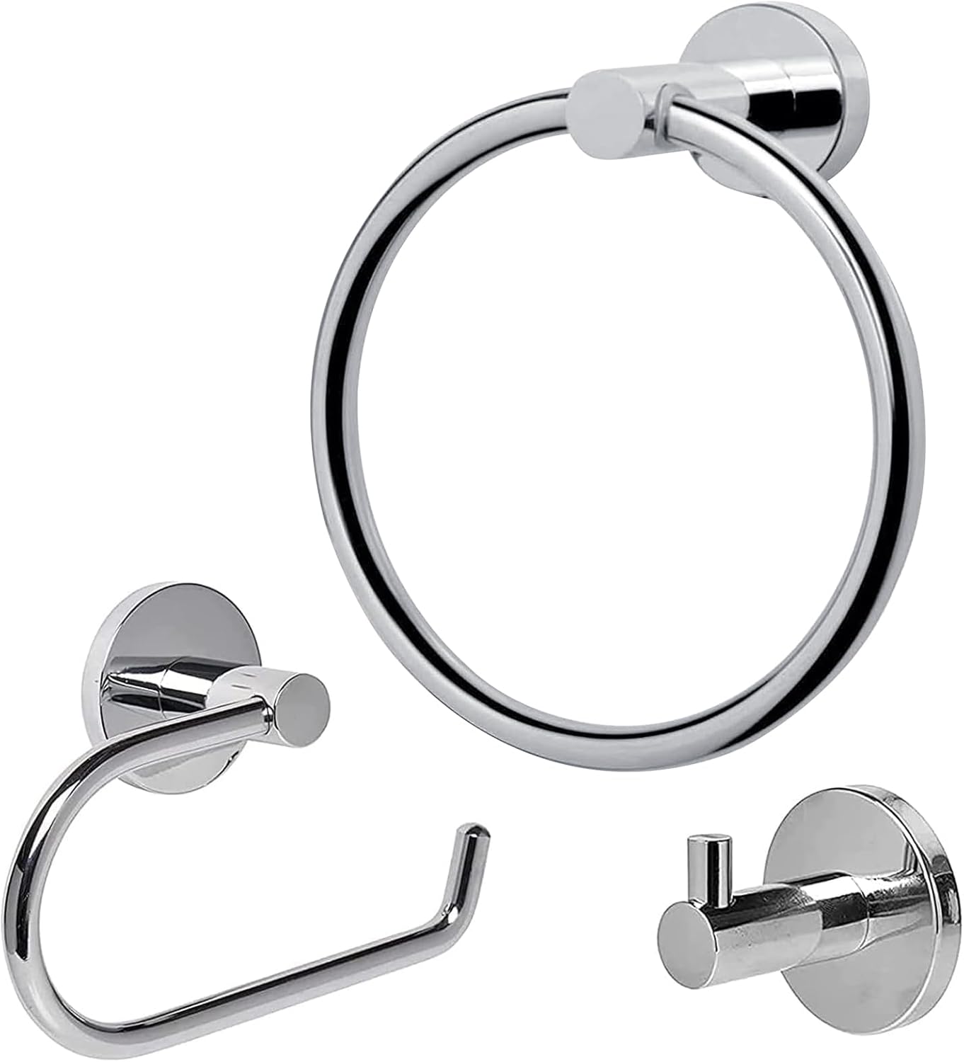 Toilet Roll Holder Set, 3 Pieces Wall Mounted Bathroom Accessory include Chrome Toilet Paper Holder + Stainless Steel Towel Ring + Coat Hooks, Modern Bathroom Hardware Mirror Polished, Silver.