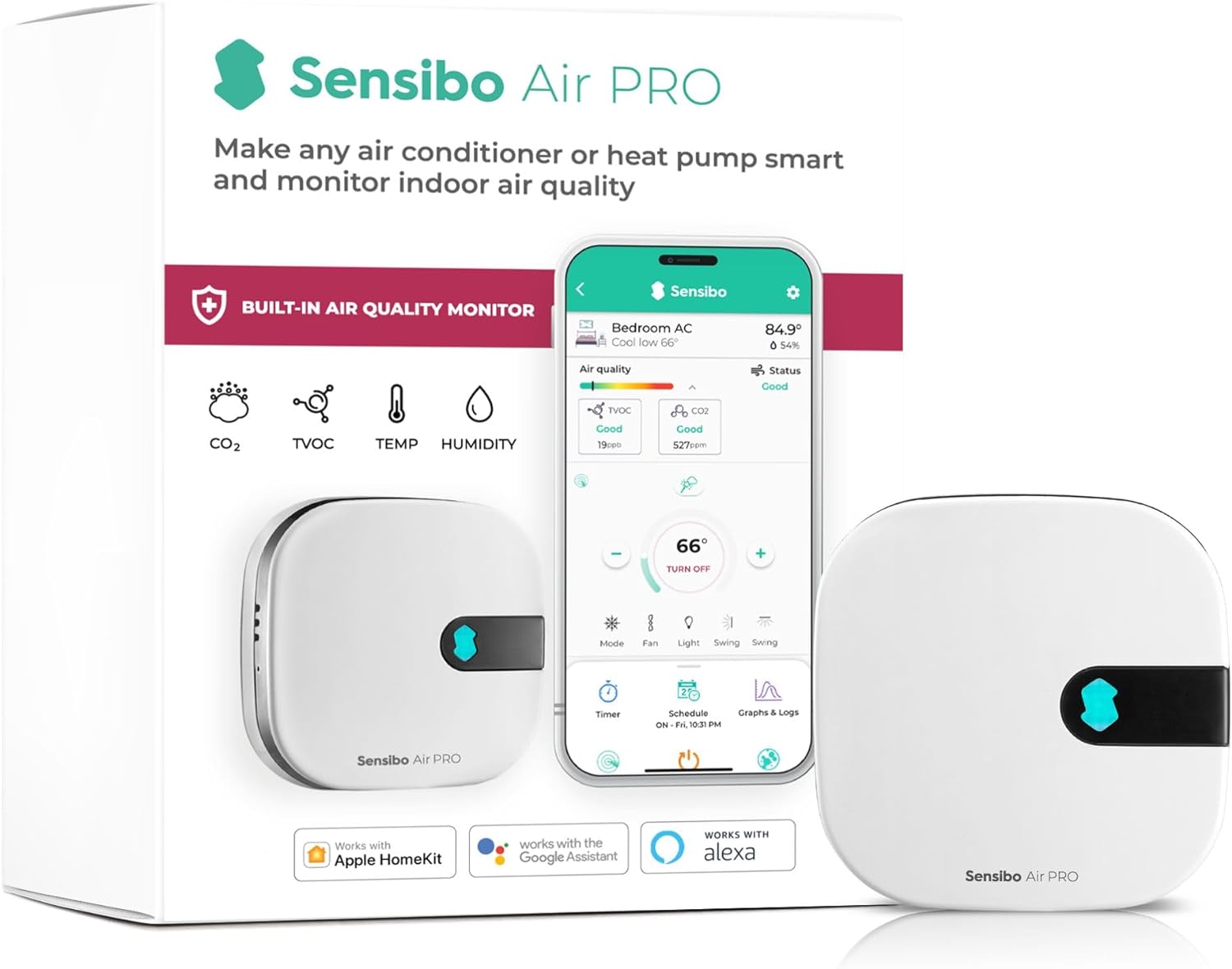 Sensibo Air PRO - Air Conditioner Smart Controller & Air Quality Sensor. Smart Thermostat for Mini Split, Window, Portable AC. Temp & Humidity Sensors. Google, Alexa, Siri & Apple HomeKit Compatible.