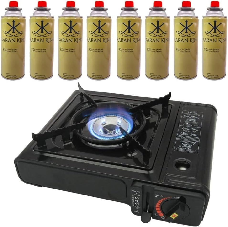 ASMGOLD Portable Gas Stove with Carry Case-For Outdoor Camping, Fishing and BBQ-Automatic Ignition System, Heat Control, Enamel Pan Support, Butane Can or LPG Gas Source-Black (Stove + 4 Butane Gas).