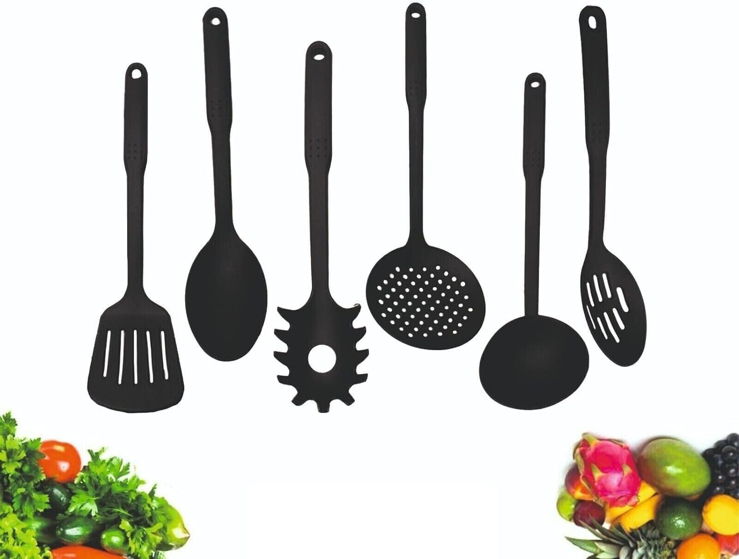 Kitchen Utensils Set 6 Piece Soft Touch Handles Non-Sticks Heat Resistant BPA Free Plastic Stylish Kitchen Tools Spoon Turner Spatula for Food Grade & Dishwasher Safe (Black).