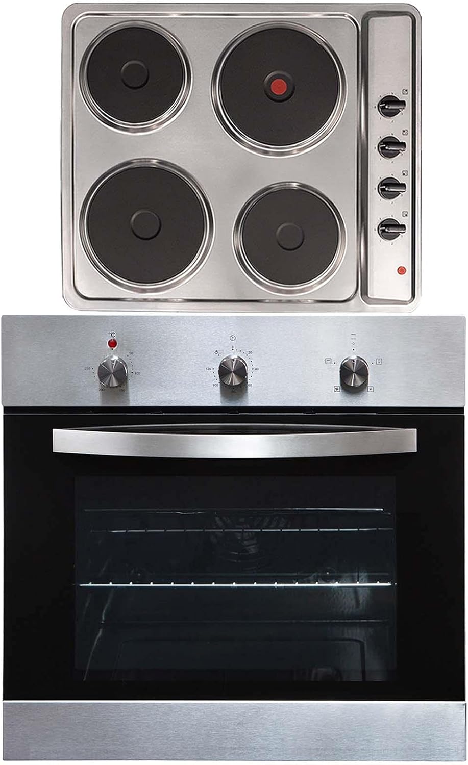 SIA SO113SS 60cm Stainless Steel Built-in/Under Single Electric Fan Oven & PHP601BL 60cm Black 4 Zone Solid Plate Easy Clean Side Control Hob.