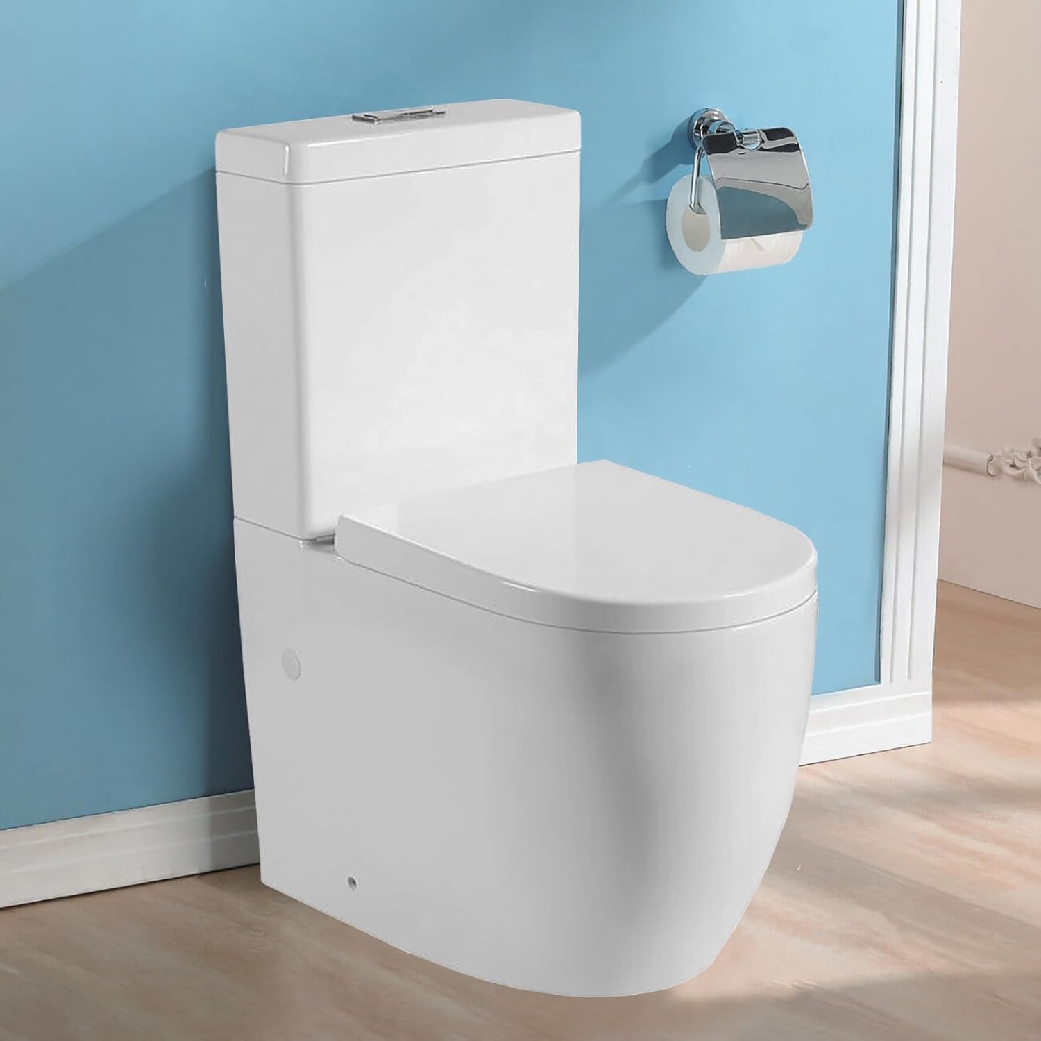 Tornado Flush Close Coupled Toilet Flush to Wall Bathroom Toilets White Ceramic WC Pan & Cistern Soft Close Seat Power Swirling Flush WC Modern D Shape Back to Wall Toilet.