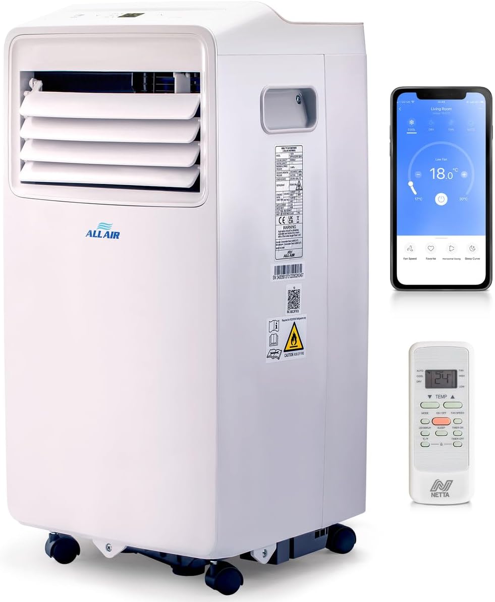 ALLAIR Portable Air Conditioner 3-IN-1 8000 BTU, Dehumidifier, Cooling Fan - WiFi Smart APP, Weekly Timer, Cooling in 10 Minutes,Temperature 17°C - 35°C, Remote Control and Accessories Included.