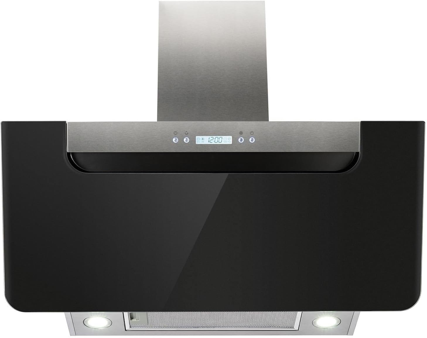 electriQ 90cm Angled Cooker Hood with Optional Chimney - Black Glass and Stainless Steel.