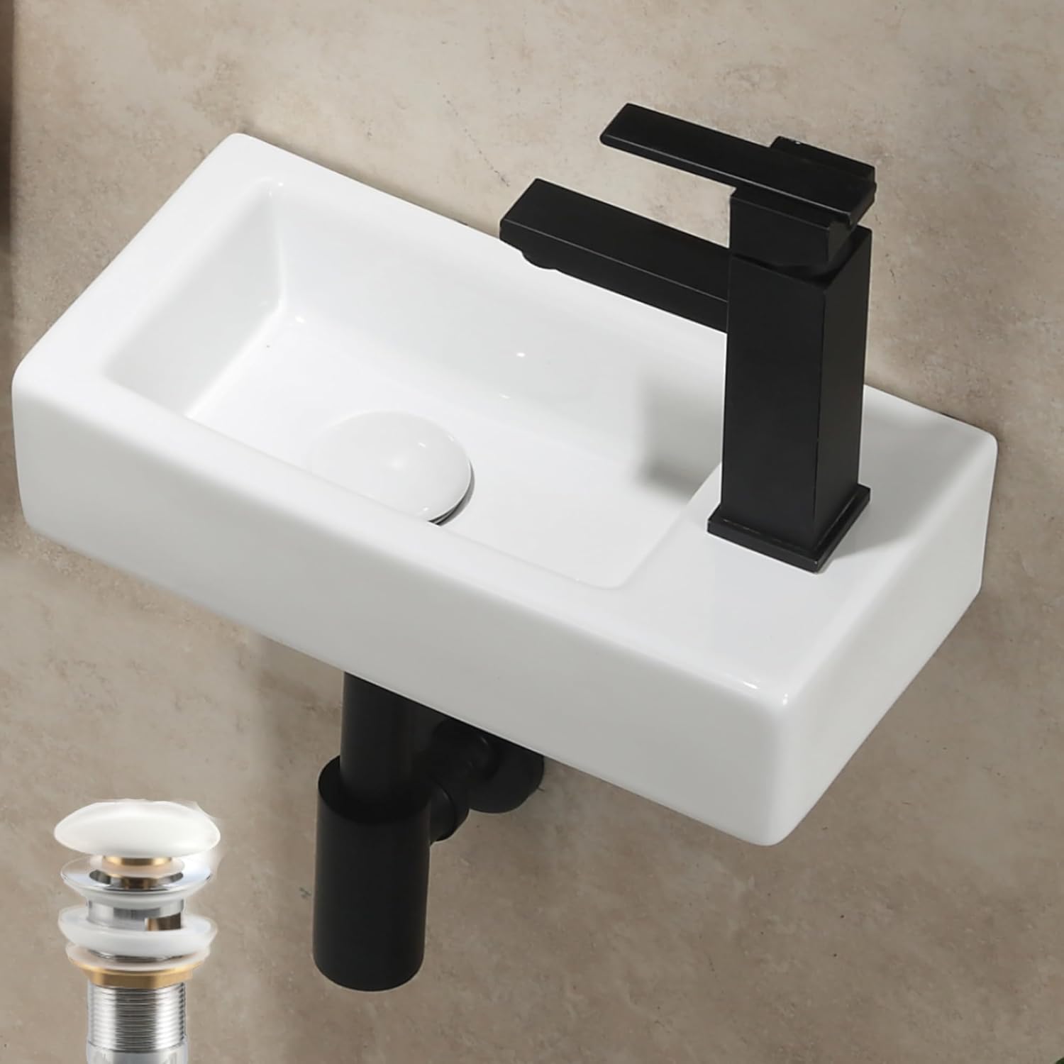 Small Wash Basin - Cloakroom Basin Wall Hung Bathroom Sink Unit Countertop with Pop Up Drain, Narrow Space Corner Sink Right Hand, Cloakroom Mini Sinks Bowl, White Ceramic 370X185MM….